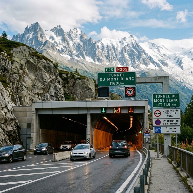 Entrée du tunnel du Mont Blanc avec signalisation et feux de sécurité
