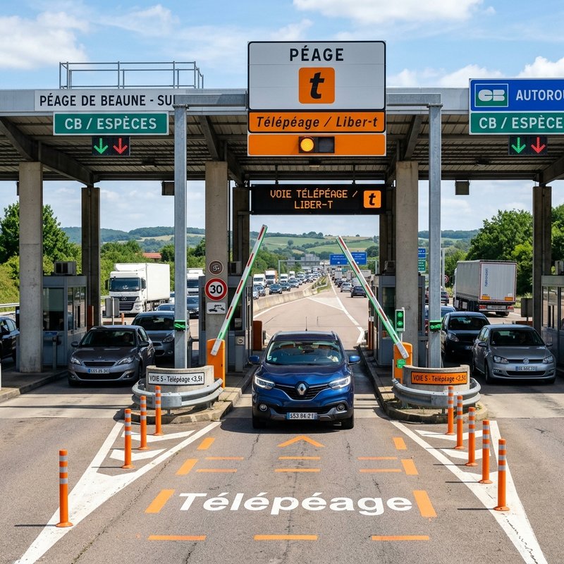 Une barrière de péage d'autoroute française avec des voies dédiées au télépéage Liber-t